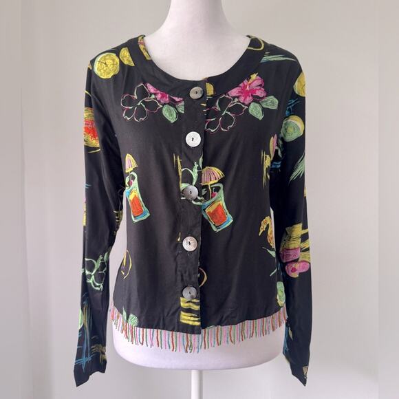 Vintage ‘90s Paradiso Tropical Print Beaded Fringe Hem Button Down Blouse - Picture 2 of 9